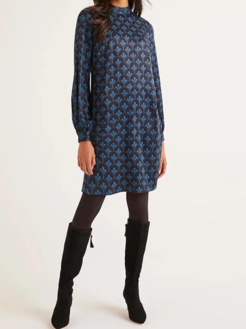 NWT Boden Navy and Teal Patterned Long Sleeve Shift Dress 4